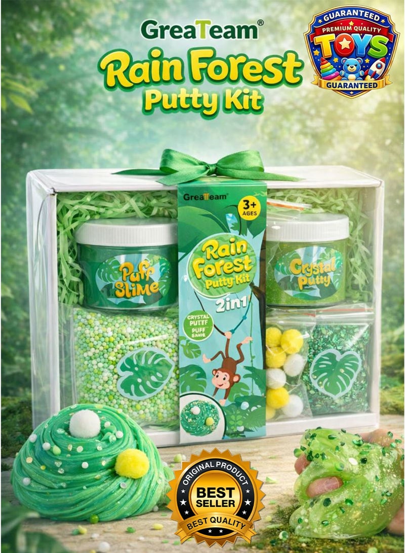 GreaTeam Rain Forest Putty Kit 2-in-1 Crystal Putty and Puff Slime Sensory Toy Kids DIY Slime Set Age 3 Years+ with Mixing Shaping Stretching Decorating Fun 235g Crystal Putty, 160g Puff Slime, Green Glitter 3g, Round Glitter/Green Confetti 3g, Green Tube Beads 5g, Assorted Accessories 5g, 12 Pompon Balls, Foam Beads Bag Baby Creative Play, Stress Relief, Party Favor, Birthday Gift, School Activity, Arts & Crafts Toy for Boys Girls - Image 1